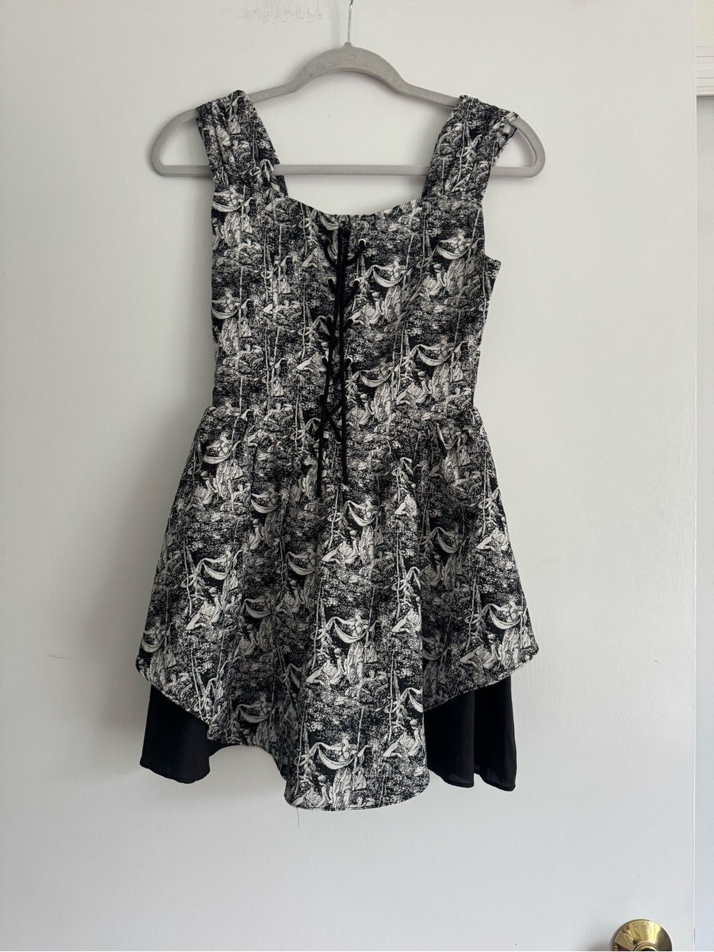 Black & White Angel Print Lace-Up Peplum Dress